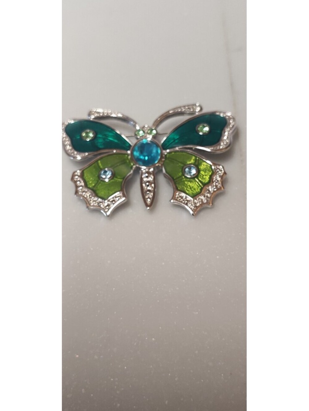 Vintage Alana Stewart Butterfly Brooch Green Enamel Rhinestone Signed